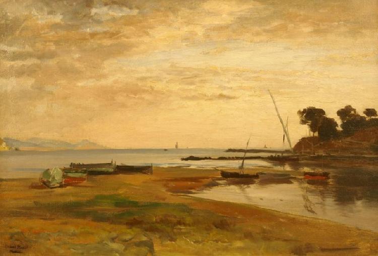 Albert Hertel Coastline at low tide in the evening light. Resting in the foreground dry sailing boats oil painting image